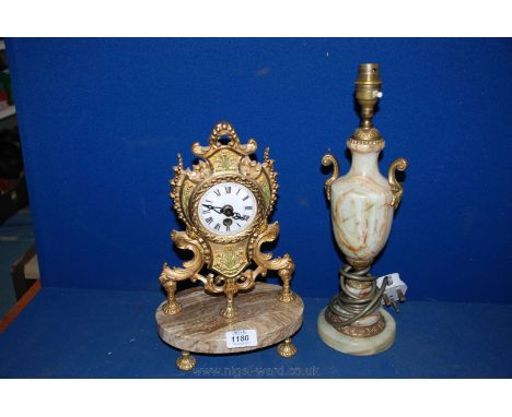 A gilt metal Clock on marble base (no glass over face) and a Marble Table Lamp