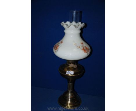 A Brass Oil Lamp with glass funnel and glass shade a/f.