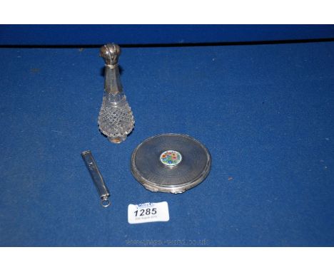 A Silver Compact with enamelled panel, a Silver topped Scent Bottle and Pencil Holder.
