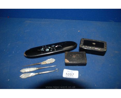 Two small Snuff Boxes, three Mother of Pearl sewing tools, lacquered and Mother of Pearl inlaid 19th c. spectacle case. 