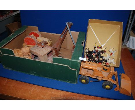 A box of old tin Toys including crane, tractor, plus a model of Coach and horses, etc.