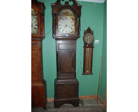 A 19th c. stained Pine Longcase Clock, having swan pediment hood with single arch top pane door opening to reveal painted fac