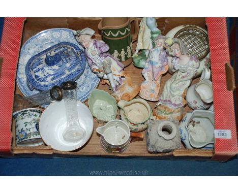 A box of assorted china to including Royal Worcester jug, Masons small jug, flower vases, four figures, etc.
