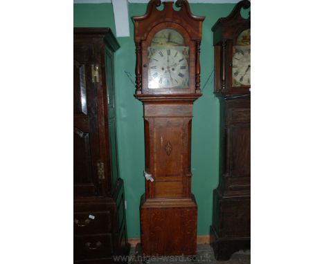A mid 19th c. Oak Longcase Clock, having swan pediment hood with Mahogany detail and cross-banding, single pane arch top door