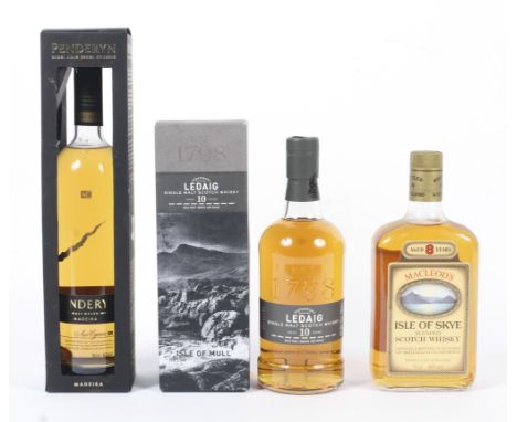 Three Bottles of Scotch Whisky. Including one bottle of Penderyn Madeira Single Malt, boxed, 70cl, 46% vol, one bottle of Led