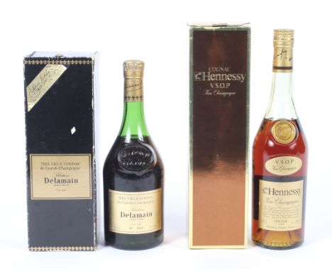 Two bottles of Champagne. Comprising one bottle of Delamain Tres Vieux Cognac, 24fl oz, 70 proof and one bottle of Hennessy C