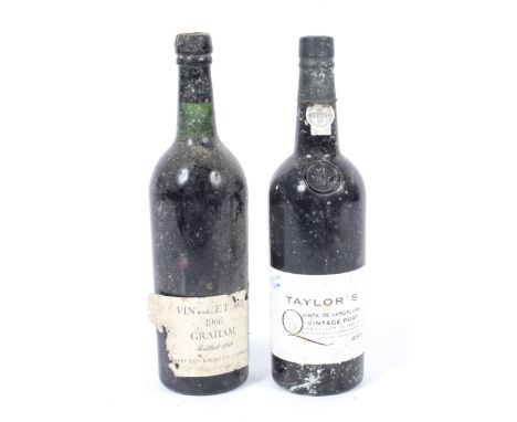 Two bottles of port. Comprising one bottle of Taylors 1986 vintage port, 75cl, no vol shown, and one bottle of Grahams 1966 v