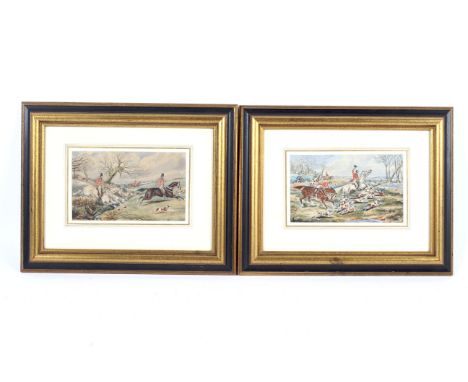 Two framed late 19th/early 20th century British school watercolour hunting scenes. Each scene set in wooded landscape. In fra