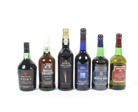 Three bottles of port and three bottles of sherry. Comprising: Royal Oporto white port, 75cl, 19% Vol, Vintage Character Port