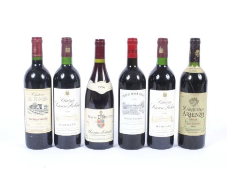 Six bottles of vintage red wine. Comprising Chateau Picque Caillou 1996 Pessac-Leognan, Chateau Prieure-Lichine 1995 Marguax 