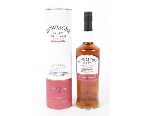 A bottle of Bowmore Islay single malt cask strength scotch whisky. Boxed, 1l, 56% vol.
