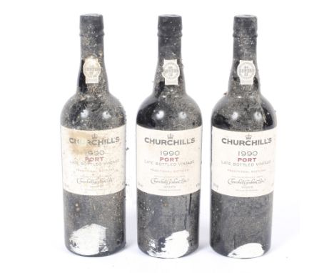 Three bottles of Churchills port. All 1990 vintage, numbers 519255, 519735 and 519738, all 75cl. 