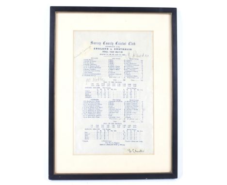 A signed Surrey County Cricket Club England V Australia Final Test Match 14-18 August 1926 commemorative silk panel. Signed i
