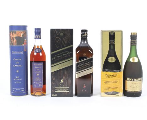 Three bottles. Comprising a bottle of Remy Martin Cognac 70cl, 40% Vol, a bottle of Johnnie Walker Double Black blended Scotc