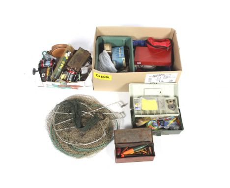 A large box of mixed fishing tackle. To include largely vintage coarse and sea fishing items, floats, weights, permits, reels