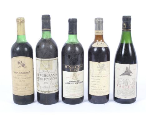 Five bottles of assorted wine from the 1980s. Comprising one botte of Berberana Gran Reserva 1980, 75cl, 12.5% vol, one bottl