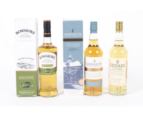 Three bottles of single malt scotch whisky. Comprising one bottle of Ledaig, 70cl, 42% vol, one bottle of Glen Kieth distilla