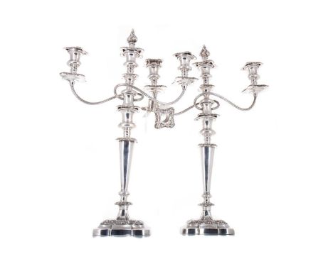 PAIR OF VICTORIAN SILVER PLATED THREE BRANCH CANDELABRA LATE 19TH CENUTRY  each with detachable flame finial, with three urn 