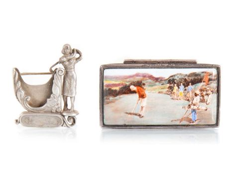 UNUSUAL AMERICAN SILVER LADIES GOLFING TOURNAMENT BROOCH CIRCA 1920s with recess for contestant number, modelled with lady go