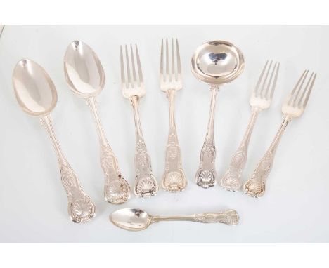 COMPOSITE SUITE OF VICTORIAN SILVER FLATWARE comprising eighteen table forks, twelve side forks, ten dessert spoons, and nine
