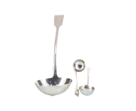 EARLY VICTORIAN SILVER SOUP LADLE JAMES HOWDEN &amp; CO., EDINBURGH 1838 Fiddle pattern, along with a pair of George III Scot