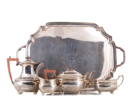 GEORGE VI SILVER FOUR-PIECE TEA SERVICE ON TRAY ADIE BROTHERS, BIRMINGHAM 1946 comprising teapot, coffee pot, sugar bowl and 