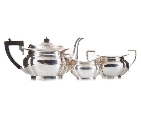 GEORGE V SILVER THREE-PIECE TEA SERVICE BARRETT &amp; THOMPSON, BIRMINGHAM 1919 comprising teapot, sugar bowl and cream jug, 