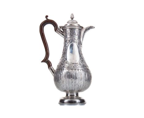 VICTORIAN SILVER HOT WATER POT CHARLES BOYTON, LONDON 1898 of baluster form with scroll handle, the domed cover with bud fini