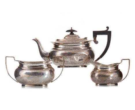 GEORGE V SILVER THREE-PIECE TEA SERVICE BARKER BROS., BIRMINGHAM 1930 comprising teapot, sugar bowl and cream jug, each of ob