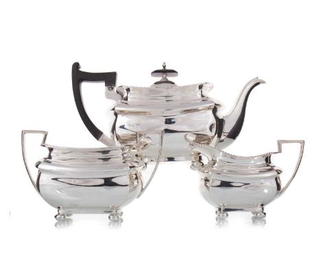 GEORGE V SILVER THREE-PIECE TEA SERVICE WALKER &amp; HALL, SHEFFIELD 1913 comprising teapot, sugar bowl and cream jug, of obl