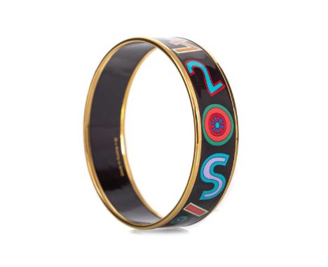 HERMES, GILT METAL AND ENAMEL BANGLE CONTEMPORARY inscribed PARIS 24 JIG in polychrome to black ground, HERMES PARIS... marks