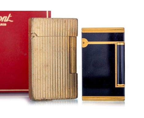 S.G. DUPONT, TWO LIGHTERS one in rolled gold and with original fitted case, the other in rolled gold and black enamel Qty: 2