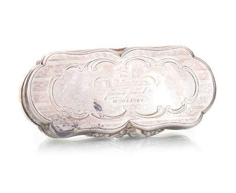 VICTORIAN SILVER SNUFF BOX NATHANIEL MILLS, BIRMINGHAM 1847 of shaped rectangular form, the hinged lid with gilded interior, 