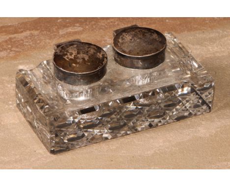 A George V silver mounted twin-section desk inkwell, hinged covers, hobnail-cut base, 11.5cm wide, Birmingham 1911 