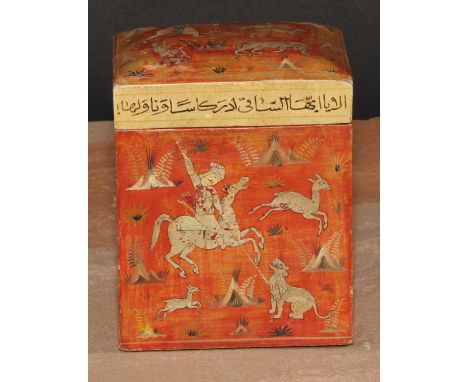 A Kashmiri rectangular playing card box, decorated in the Persian Islamic taste with hunting scenes and calligraphy, enclosin