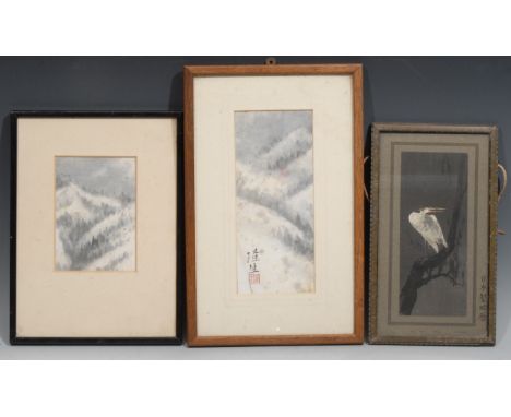 Japanese School (early 20th century), Winter Landscape, signed, red seal mark, print, 22cm x 9.5cm; others (3) 