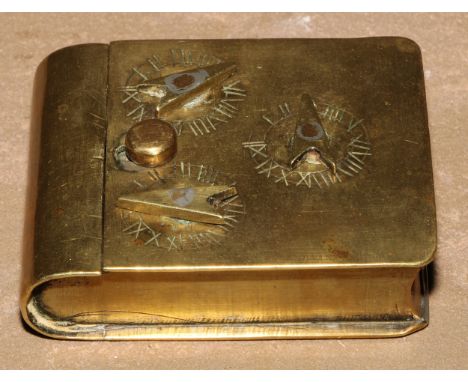 A 19th century brass combination snuff box, the hinged cover with three faux dials, 7.5cm wide 