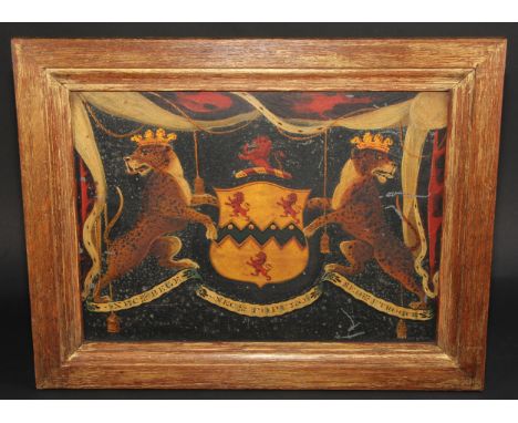 Heraldry - a George III carriage panel, painted in polychrome and gilt with the arms of Lord Rolle, 26cm x 36cm, c.1780, fram