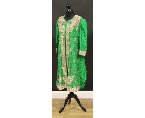 An Indian emerald silk robe, worked in gilt and ruby thread with stylied lotus and 'peacock' motifs, early 20th century 