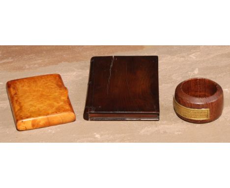 A 19th century yew rectangular visiting card case, sliding cover, 11.5cm long, c.1840; a 19th century maple snuff box, integr