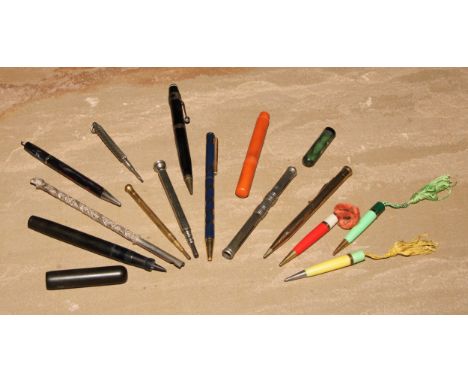 Pens and Pencils - an Indian silver coloured metal pen, elephant finial, 15.5cm long, c.1880; etc 