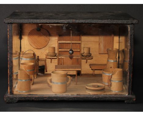 Folk Art - a 19th century softtwood diorama, depicting a cottage interior, a witch's ball hanging from the ceiling, glazed eb