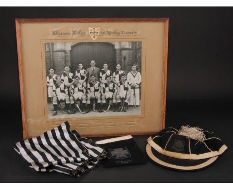 Sport - Public School - a photograph, Ellesmere College 1st Hockey XI 1948 - 9, oak frame, 38cm x 45cm; a cap and scarf, E.C.