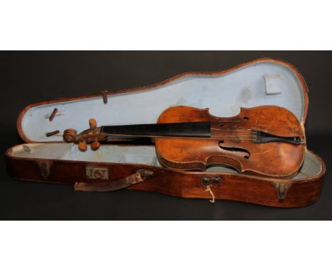 A violin, the one-piece back 35.25cm long excluding button, boxwood tuning pegs, outlined with purfling, 58.5cm long overall,
