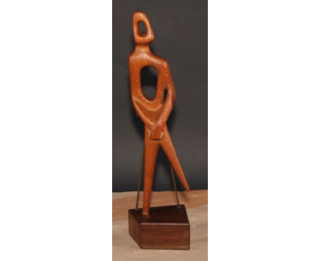 In the manner of Derrick Kitchen (mid-20th century), a wooden sculpture, Abstract Human Form, plinth base with brass wire sup