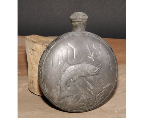 An Art Nouveau pewter hipflask, applied with a leaping fish and inscribed DRYASA, screw-fitting cover, 13.5cm long, c.1910 