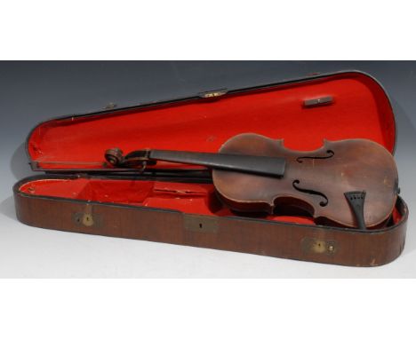 A violin, the two-piece back 36cm long excluding button, 59.5cm long overall, the bow apparently unsigned, 72cm long, cased 