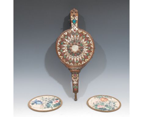 A pair of unusual 19th century bellows, adorned with coloured stones and sections of Chinese mother of pearl counters, 42.5cm