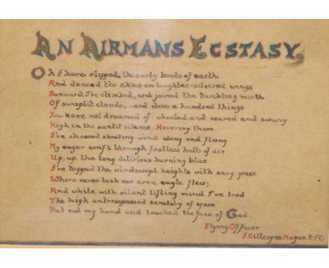 World War I - Royal Flying Corps - a manuscript poem, An Airman's Ecstasy, by Flying Officer J Gillespie Magee R.F.C., 12cm x