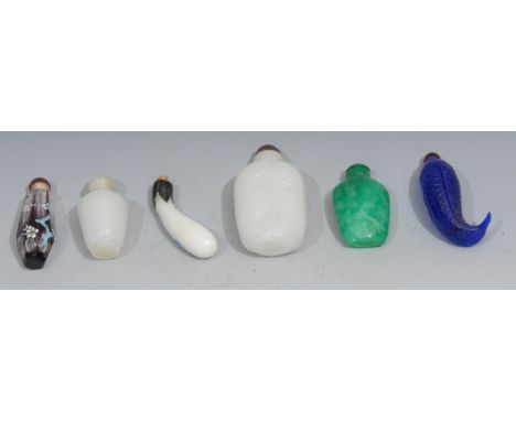 A Chinese facetted glass tear shaped snuff bottle, painted in polychrome enamel with blossoming prunus, 7.5cm long; another, 